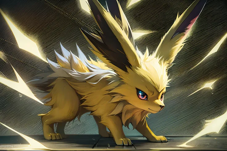 ((a Jolteon pokemon)), (lighting attribute) , small and cute, (gradient eye colors), (bright and clear eye) ,purple and golden lighting around ,anime style, depth of field, cinematic lighting, god rays, ray tracing, reflection light, glowing light, from si...