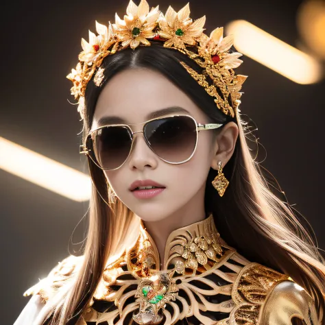 skelleton，Wear gold-framed reflective sunglasses，32K（tmasterpiece，k hd，hyper HD，32K）Light orange flowing hair，The Silver Skull Jewelry District of the Canyon，Green Skull King ，Skeleton protector （The skeleton is realistic：1.4），Skull pattern robe，Silver sku...