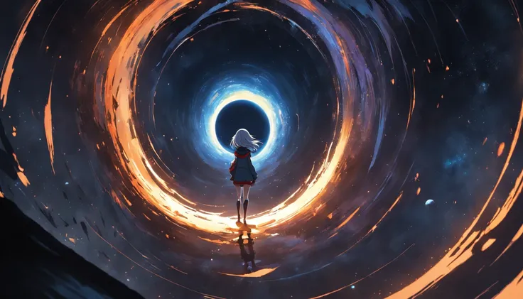 Visualize a daring space explorer approaching the edge of a black hole, Where time and space distort in a captivating way. Conveying an exhilarating yet dangerous journey into the unknown