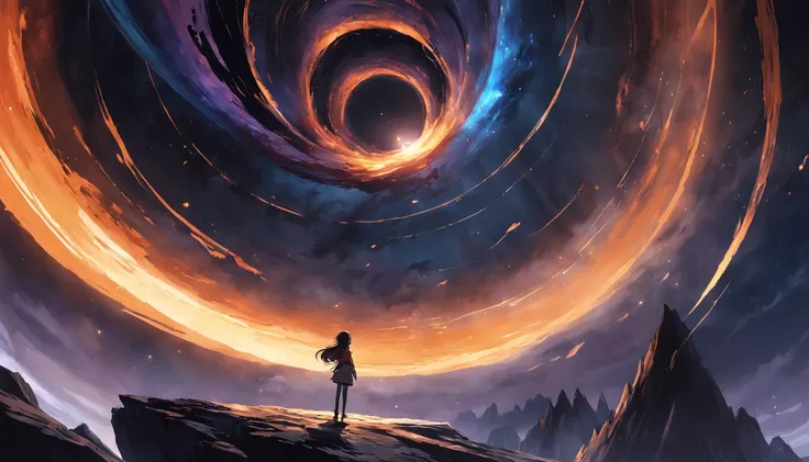 Visualize a daring space explorer approaching the edge of a black hole, Where time and space distort in a captivating way. Conveying an exhilarating yet dangerous journey into the unknown