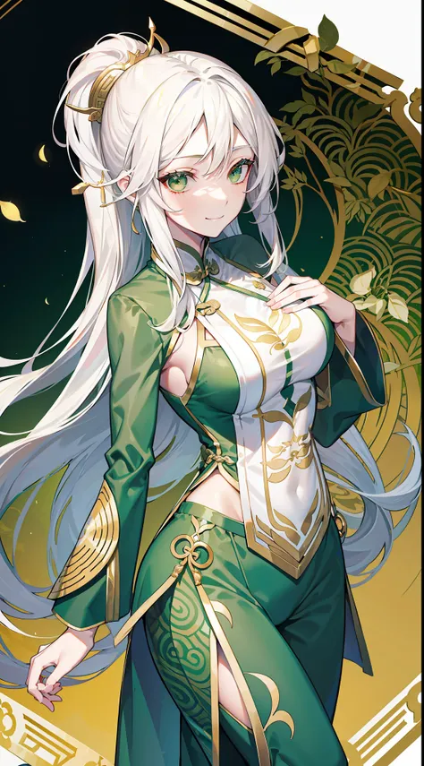 Adult woman, Long white hair, Green eyes, Green Chinese tight top, Chinese beautiful patterns, neckline on the chest, open breasts, baggy pants, Gold Elements, ssmile, Masterpiece, hiquality