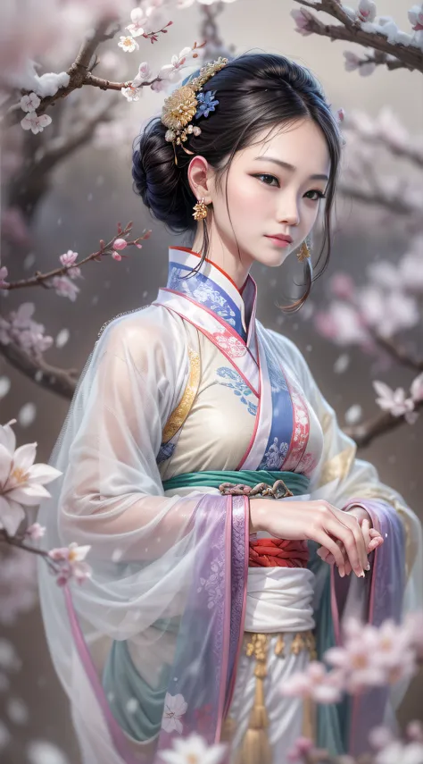 （Blurred foreground：It was snowing heavily：2.0，），（Plum blossoms fall：1.6），（Chinese Song dynasty beauties danced everywhere），（Realistis，realisticlying，anatomy correct，Asian star face，ssmile，The hands and face are very delicate and clear），（Stand in the middl...