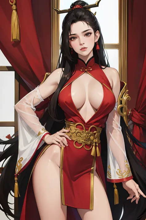 NSFW, obra-prima, melhor qualidade, ultra-detalhado, semi-realista, detailedfacialfeatures, 2 mulher madura, nome Qiao Hua,vestindo roupas antigas wuxia hanfu, cabelos vermelhos,longos,olhos negros, female,cor da roupa vermelha e sexy,voluptuosa,seios gran...