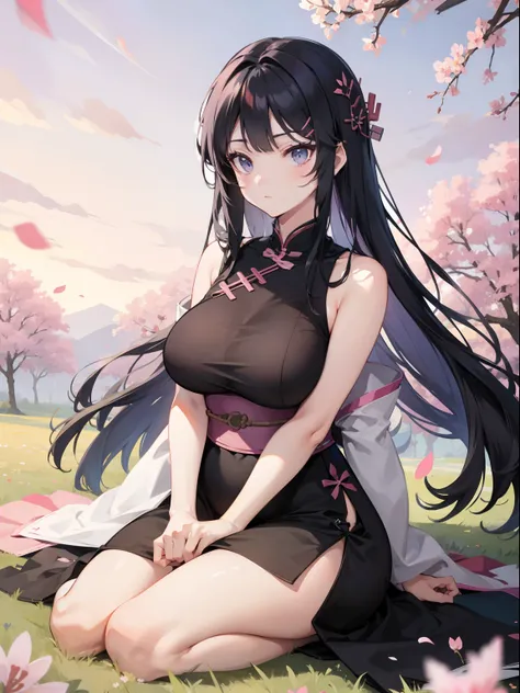 sword, Japanese sword in hand, black long hair , chubby curvy body, medium-large breast, purple eyes, pink sky, grass field background, flowers, Sakura trees, Chinese dress, no sleeves,torn dress, ripped dress in a fight, sitting