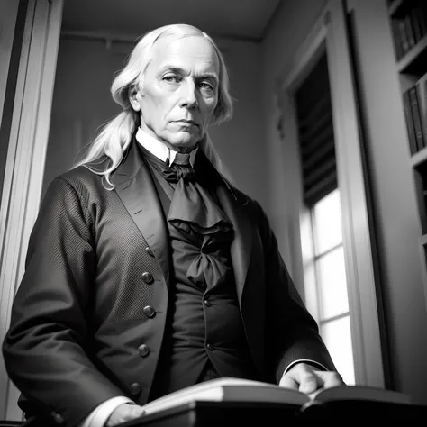 portrait of united states president James Madison, in front of a bookcase, shallow depth of field, high contrast, vibrant colors, captured with a Nikon D850 camera and a 1.8 85mm lens.