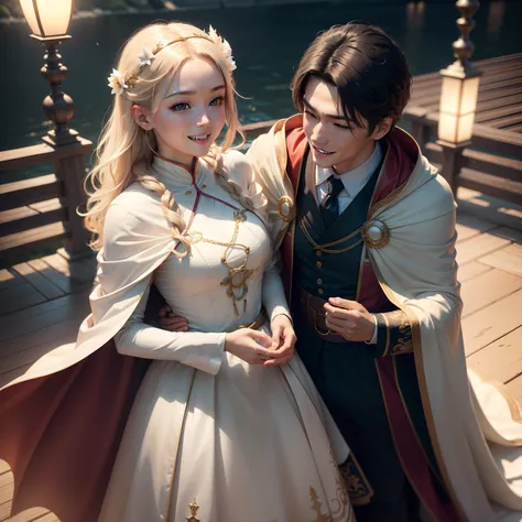 extremly high detail，复杂，8K，The scale is 16:9，hdr，the wallpaper，cinmatic lighting，（Rivers and lakes），（Hold your hands together），a young man and a woman，with light glowing，happy laughing，Glow with loving eyes，Costume drama hero cape，The male wears a cloak，Th...