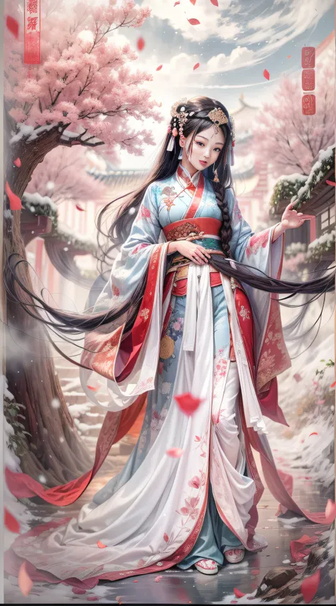 （Blurred foreground：Large snowflakes fell：2.0，），（Plum petals fall：1.6），（Chinese Song dynasty beauties dancing），（Realistis，realisticlying，anatomy correct，Asian star face，ssmile，The hands and face are very delicate and clear），（snow landscape：1.2，Stand in the...