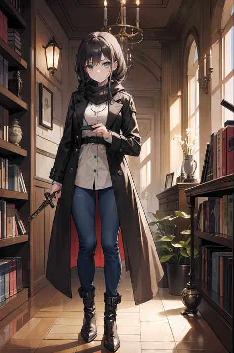 (best quality) (masterpiece)A beautiful young demon hunter. She wears a long trench coat, thick jacket, button down shirt, jeans and long boots. She also wears a long scarf knotted around her neck. He holds a long sword and a large pistol. He is in a libra...