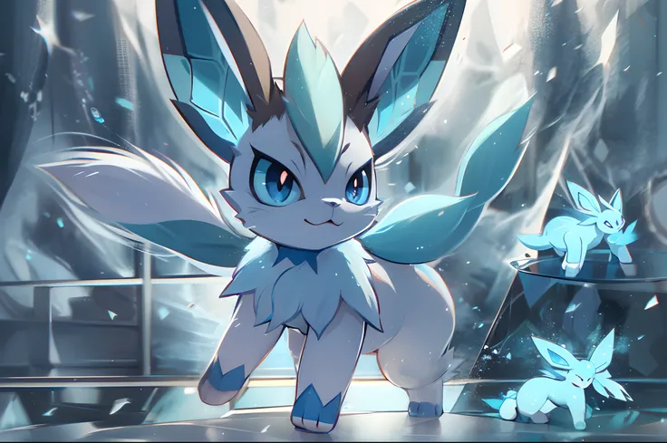 ((a Glaceon pokemon)), (ice and frezon attributes) , small and cute, (gradient eye colors), (bright and clear eye) , ice fog around ,anime style, depth of field, cinematic lighting, god rays, ray tracing, reflection light, glowing light, from side, close-u...