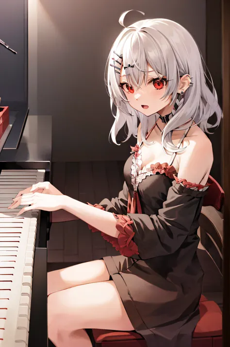 masutepiece,of the highest quality,1girl in,Red Eyes,Medium Hair,White hair, striated hair,A dark-haired,Small breasts,Braids,ear piercings,bangss,hair clips,Ahoge,Open mouth,playing piano,piano