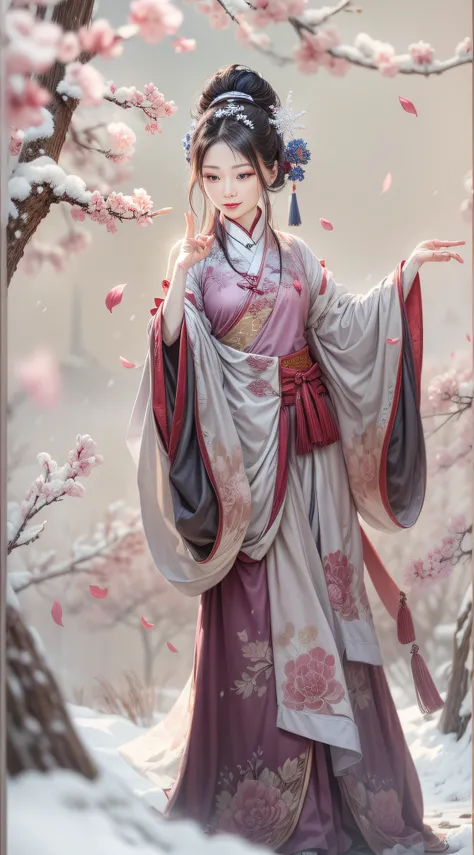 （Blurred foreground：snowflakes falling：2.0，），（Plum petals fall：1.6），（Chinese Song dynasty beauties dancing），（Realistis，realisticlying，anatomy correct，Asian star face，ssmile，The fingers and face are very delicate and clear），（snow landscape：1.2，Stand in the ...