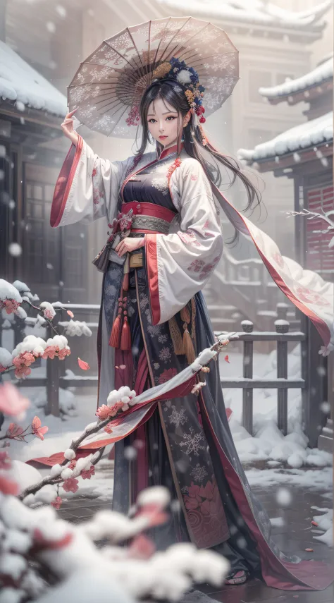 （Blurred foreground：snowflakes falling：2.0，），（Plum petals fall：1.6），（Chinese Song dynasty beauties dancing），（Realistis，realisticlying，anatomy correct，Asian star face，ssmile，The fingers and face are very delicate and clear），（snow landscape：1.2，Stand in the ...