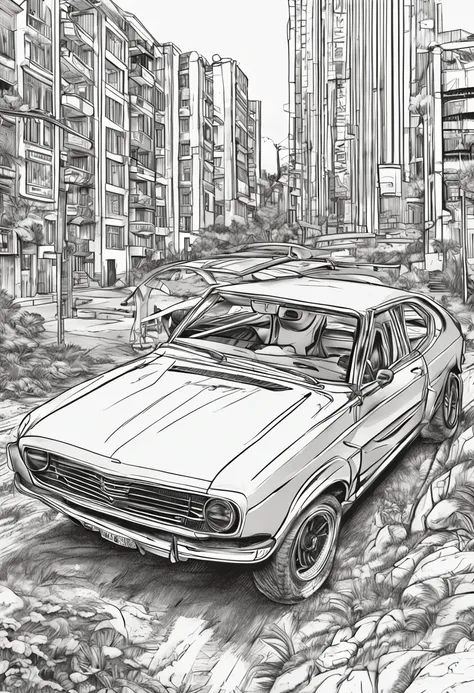 Desenho de Carro esportivo em uma cidade para colorir, pencil draw, desenho vetorial, desenho de alto detalhe, line art colouring page,