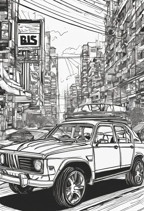 Desenho de Carro esportivo em uma cidade para colorir, pencil draw, desenho vetorial, desenho de alto detalhe, line art colouring page,