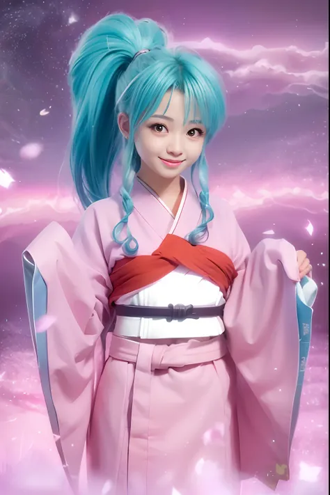 Woman with light blue hair ponytail wearing peach-colored Japanese clothes, Yu Yu Hakusho, Botan, Slightly round face, Carefree smile, gently round eyes, Laughing with open mouth, sideburns are long, The eyeball is red, White belt fastening, Red band, Hide...