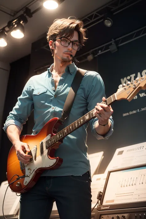 cool guy wit guitar and specs looking at small audience