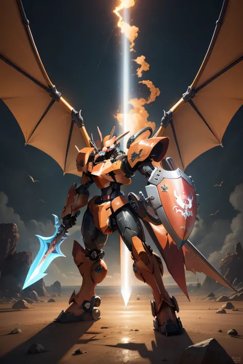 A mecha Charizard with a sword and shield