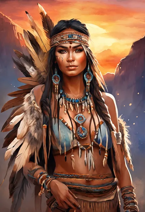 ultra detailed artistic photography, Native American beautiful Apache female, tee pee, moonlight, fire pit, feathers, sexy, dreamy, glowing, backlit, shadows, oil on canvas, smooth, ultra high definition, 8k, ultra sharp focus,  intricate artwork masterpie...