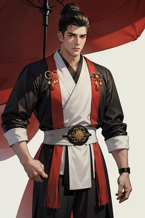 NSFW, obra-prima, melhor qualidade, ultra-detalhado, semi-realista, detailedfacialfeatures, 2 homem maduro, nome Fa Huang,vestindo roupas antigas wuxia hanfu, cabelos vermelhos,longos,olhos negros, macho,cor da roupa vermelha ,manly,homem sedutor,bonita,Ar...