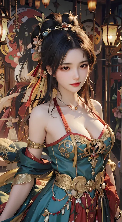 A woman in a green and red dress poses for a photo, a beautiful fantasy empress, Gorgeous Role Play, inspired by Du Qiong, by Yang J, ((a beautiful fantasy empress)), beautiful teenage girl, Palace ， A girl in Hanfu, Inspired by Lan Ying, trending at cgsta...