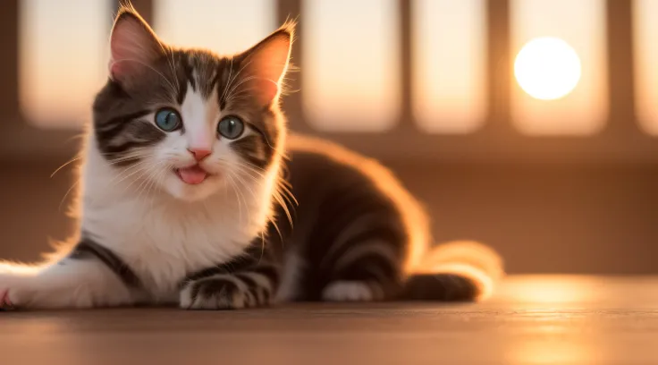 Close-up photo of happy kitten face、the setting sun、80mm、f / 1.8、degrees of freedom、bokeh dof、depth of fields、Subsurface scattering、pointillism