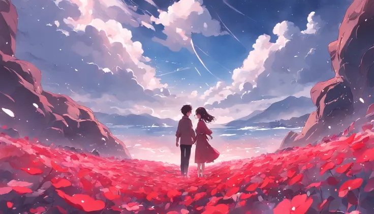 In a romantic atmosphere，couple cuddling，Stroll through the Sea of Roses，Under the blue sky and white clouds，Feel the romantic theme of Valentines Day。