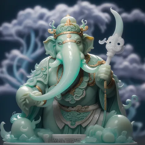 Chinese mythology and stories，Journey，jade sculpture，semi transparent，artwork of a，Light，cleanness，Glow effects，White Jade Elephant King，white jade，full bodyesbian，对称，Long, Thick nose，long fangs，Auspicious clouds，Macro lens，dynamic viewing angle，best qualt...