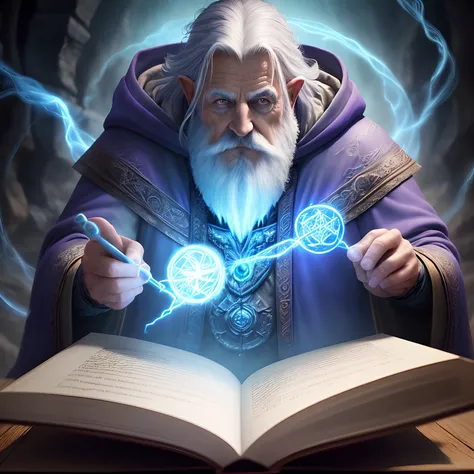 an old wizard doing spells, emphasis on its action, texturas ultra detalhadas, layers of textures faithful to reality, profesional lighting, detalhamento realista cores azul escuro e roxo