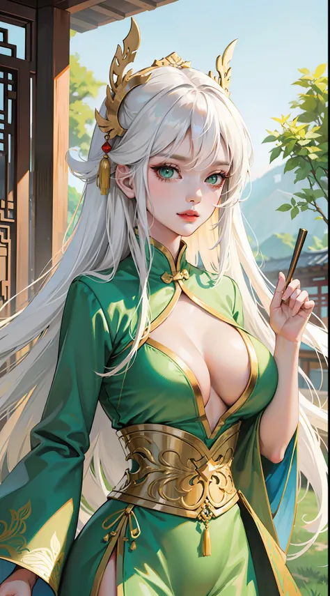 Adult woman, Long white hair, Green eyes, Green Chinese tight top, Chinese beautiful patterns, neckline on the chest, open breasts, baggy pants, Gold Elements, ssmile, Masterpiece, hiquality