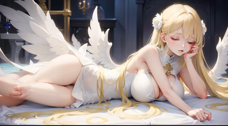 girl, closed eyes, parted lips, blonde hair, white transparent dress, long dress, deep slit, white wings, gold accessory, mature girl, big breast, cleavage, prone
