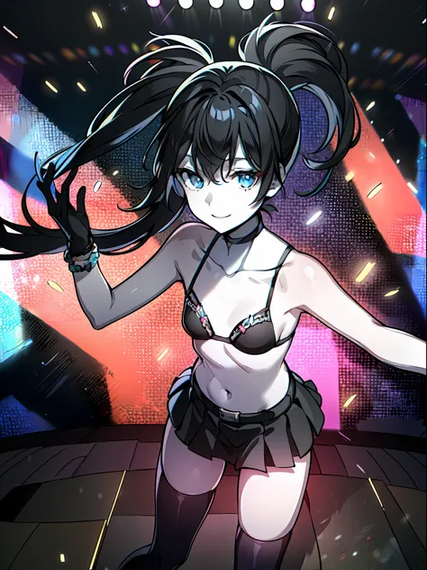 (masterpiece:1.2), (pale skin:1.2), (8k:1.2), (solo:1.2), (female:1.1), (emphasis lines:1.3), black hair, blue eyes, bra, bracelets, armbands, gloves, (collarbone:1.1), skirts, thighhighs, (indoor:1.3), choker, (punk rock:1.2), (on stage:1.1), smile, (perf...