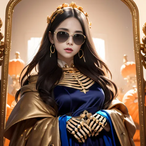 Skeleton Halloween style，Wear thick gold-framed reflective sunglasses，32K（tmasterpiece，k hd，hyper HD，32K）Light orange flowing hair，Silver skull jewelry area in the cave，Indigo Skull King ，Skeleton protector （The skeleton is realistic：1.4），Skull pattern rob...