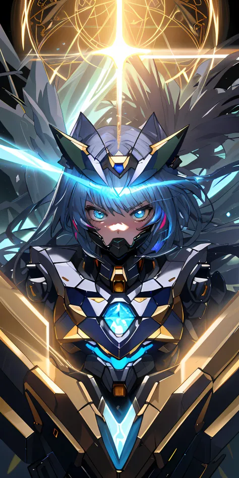 Anime Gundam beutiful Andromeda skin golem cat girl magic, aesthetic_Cat_eyes, detailed eyes, demon horn, a cat girl using facemask, wings, glowing, random fantasy hair, multicolored hair, body detailed, random very angry face, detailed face, Saenyo Ancala...