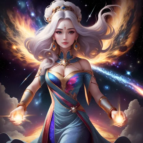 In space, A goddess is navigating the universe，Gorgeous. She used her energy to light up her path, Her beauty brightens everything around her. stars, All the beauty of galaxies and the universe is all around her. She wears beautiful fabrics and incredible ...