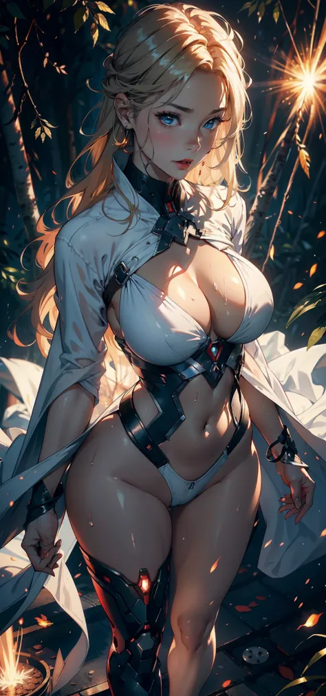 1female，35yo，熟妇，gigantic cleavage breasts，Big breasts Thin waist，slenderlegs，Pornographic exposure， 独奏，（Background with：ln the forest，the rainforest，in summer） She has long blonde hair，standing on your feet，Sweat profusely，drenched all over the body，seen f...