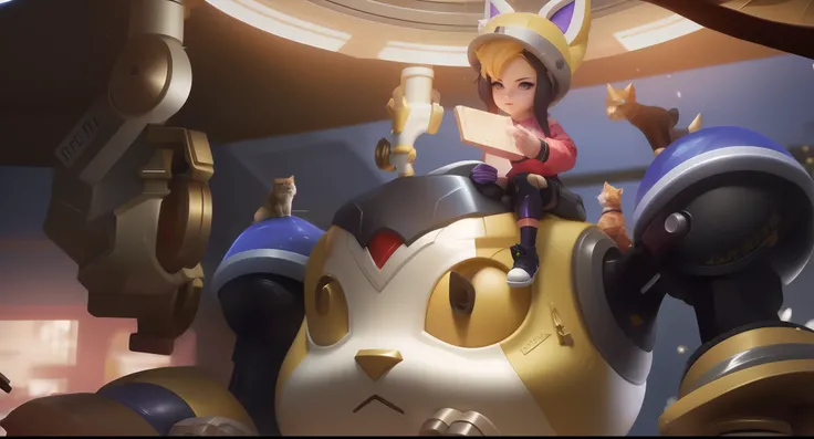 anime character sitting on a giant robot with a cat on top, Splash Art Oficial, League of Legends Arte Splash, iconic character splash art, Splashart de League of Legends, Arte Splash, Teemo, de League of Legends, Arte do personagem de League of Legends, a...