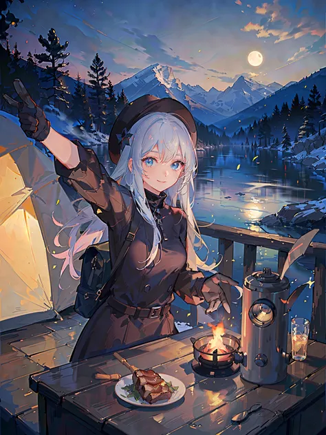 1 woman((upper body selfie, happy)), masterpiece, best quality, ultra-detailed, solo, outdoors, (night), mountains, nature, (stars, moon) cheerful, happy, backpack, sleeping bag, camping stove, water bottle, mountain boots, gloves, sweater, hat, flashlight...