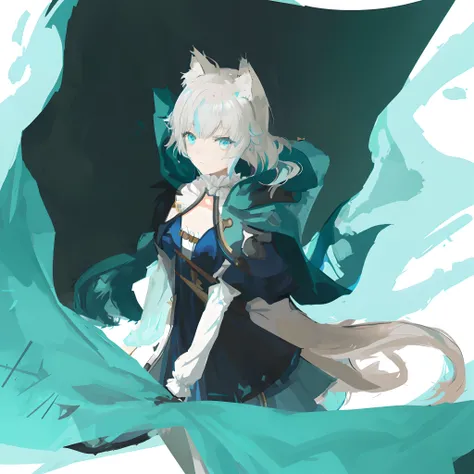 Anime girl with sword and cape in blue dress, zerochan art, Digital art on Pisif , zerochan, Pisif, Pisif style, Game art!!, Pisif Contest Champion, beautiful anime catgirl, From Arknights, white cyan, with cape, High-quality fanart, Holo is a wolf girl, a...