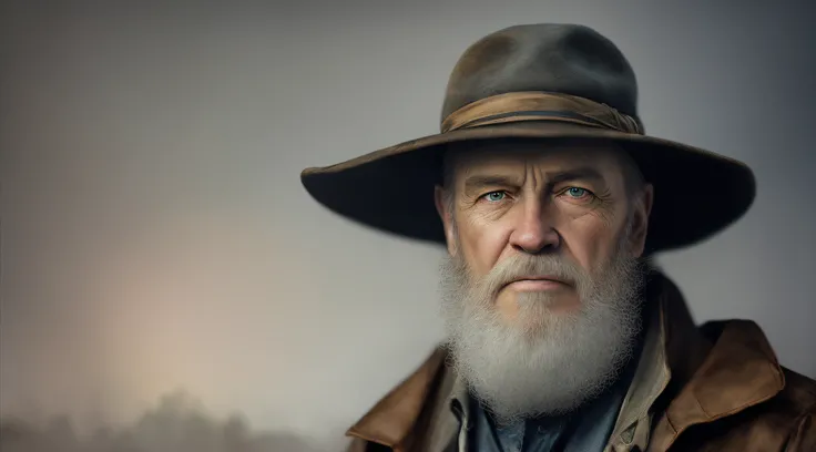 Theres a man in a hat and beard looking at something, Cinematic realistic portrait, cinematic digital painting, pintura digital muito detalhada, pintura digital detalhada, pintura digital ultradetalhada, Arte conceitual 4K e hiper realismo, arte conceitual...