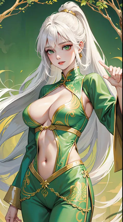 Adult woman, Long white hair, Green eyes, Green Chinese tight top, Chinese beautiful patterns, neckline on the chest, open breasts, baggy pants, Gold Elements, ssmile, Masterpiece, hiquality