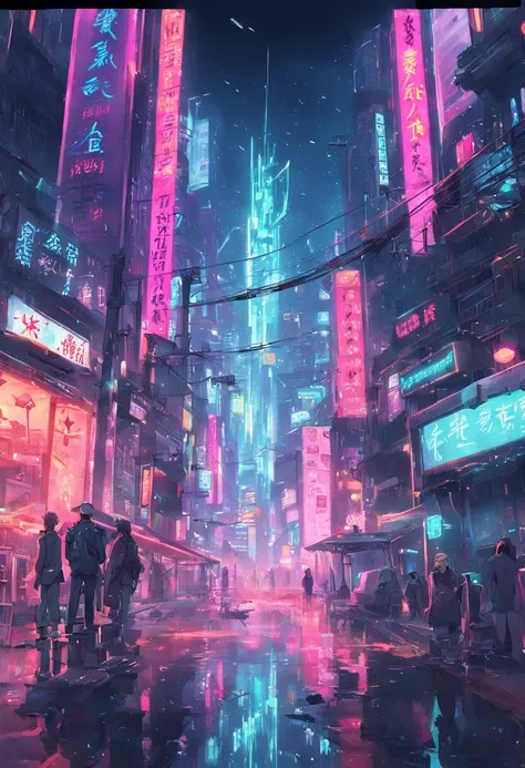 Cyberpunk, cyberpunk street scene, cityscape, dazzling cyberpunk skyscrapers, neon signs, LED lights, wet and rainy, bright and vivid color scheme, anime, illustration, intricate details, ultra detailed, cinematic lighting, dark shadows, tokyo, hong kong.