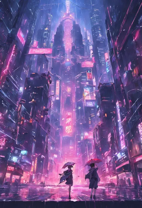 Cyberpunk, cyberpunk street scene, cityscape, dazzling cyberpunk skyscrapers, neon signs, LED lights, wet and rainy, bright and vivid color scheme, anime, illustration, intricate details, ultra detailed, cinematic lighting, dark shadows, tokyo, hong kong.