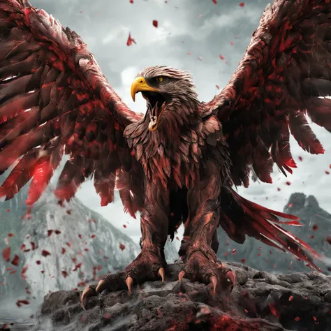 Cinematic image effects，对称，Chinese mythology and stories，Journey，The demon king of the golden-winged eagle，head of an eagle，closeup cleavage，Open your mouth，tosen，Surrounded by bloody skulls，Fierce eyes，Blood，A mouth full of blood，Dripping blood，Puffing，Su...