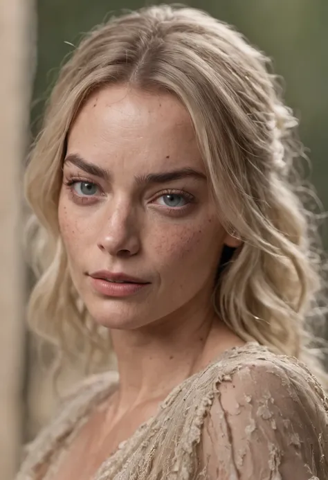 (full bodyesbian) Middle-aged home Margot Robbie;. Drina was draped in tattered clothes，Seems to blend seamlessly with its surroundings。. Her hair was unkempt and tangled, Her skin was covered with dirt and grime. Her eyes, Sin embargo, Flashing with distu...