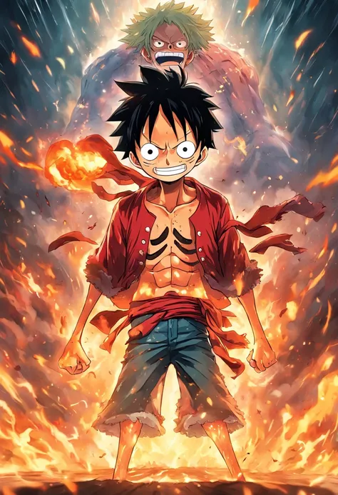 Design a gripping poster，Features Luffy as the protagonist "One Piece" In the heat of the moment. Capture the essence of his burning determination and indomitable spirit，For he unleashed his anger on his enemies. Keep it short, Bold, And strongly convey th...