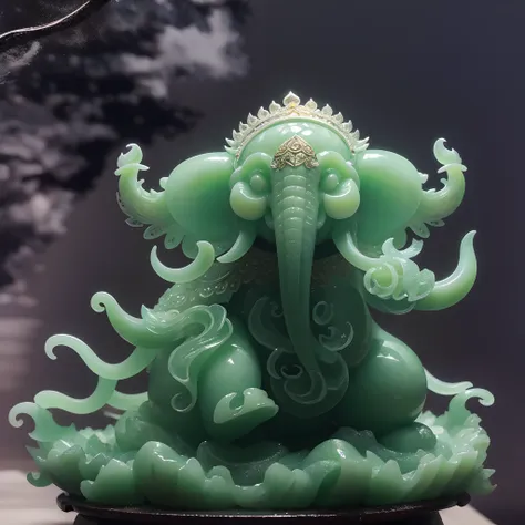 with black background，jade sculpture，semi transparent，artwork of a，light，cleanness，glow effects，white jade elephant king，white j...