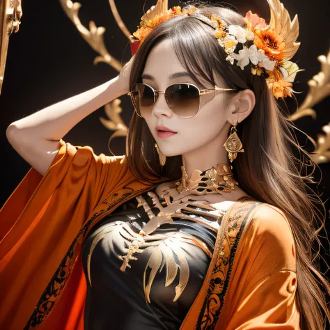 Skeleton Halloween pumpkin style，Wear thick gold-framed reflective sunglasses，32K（tmasterpiece，k hd，hyper HD，32K）Light orange flowing hair，Silver skull jewelry area in the cave，Indigo Skull King ，Skeleton protector （The skeleton is realistic：1.4），Skull pat...