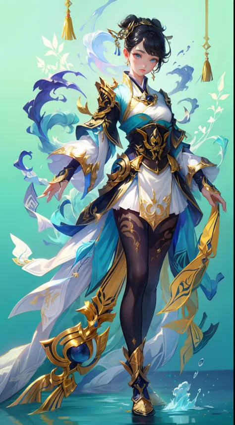 Game character, East Asian original art character design, 1girll, Solo, [:(Gradient background:1.5):40],Black tights from the neck to the feet, the whole body has a gold fine pattern, rich details, metal reflective