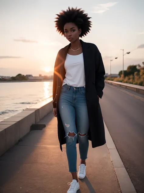 Beautiful light black woman in her mid twenty, blue eyes, stylish outfit, sunset, Walk alone, afro hair style,