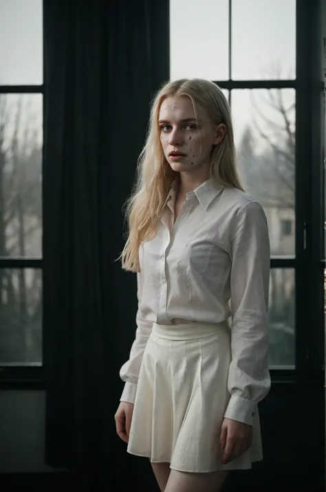 cinematic,  18yo female student, blond, polish, pale, white shirt and black skirt, white shirt with blood, face also covered for half with blood, she standing still like a phantasm, perfectly centered,  in front of the window, black trees over the window, ...